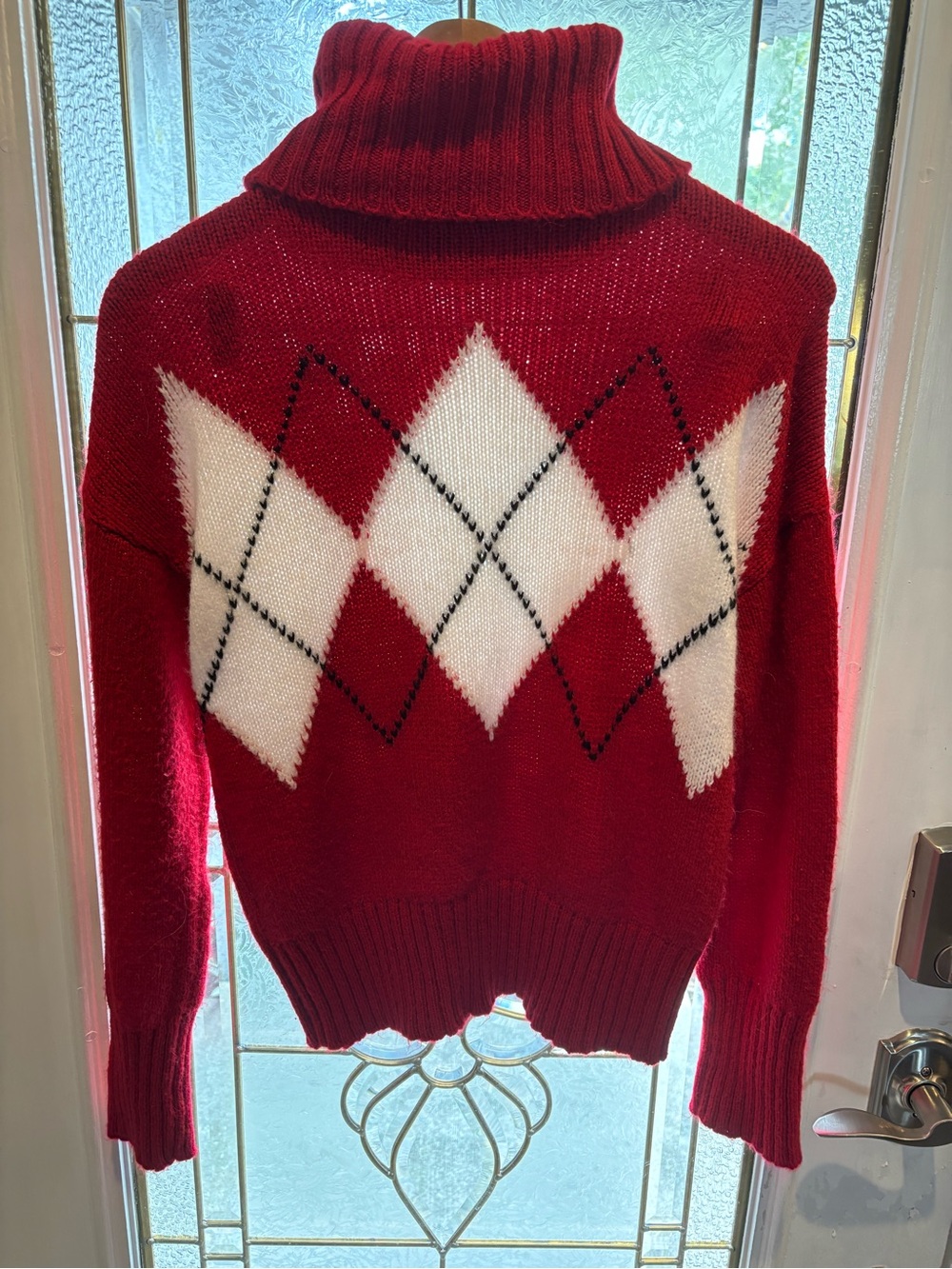 Tommy Hilfiger Red and White Argyle Turtleneck Sweater